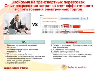 VS Экономия на транспортных перевозках.  Опыт сокращения затрат за счет эффективного  использования электронных торгов. ВНИМАНИЕ! Сложность редукциона с большим кол-вом лотов при сезонном пике ВСЕ перевозки через тендер Система мотивации перевозчика (своевременность прибытия на загрузку/выгрузку (временные окна), соблюдение процедур Компании) PROs: Снижение операционной нагрузки на диспетчера .  Системная  информация об активности перевозчика. Лог. Мониторинг тенденций рынка . Размещение важной информации в торгах, и ее подтверждение перевозчиком (временные окна, спец.условия доставки) Подтверждение заявки . 