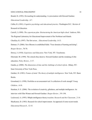 EDUCATIONAL PHILOSOPHY
Brandt, R. (1993). On teaching for understanding: A conversation with Howard Gardner.
Educational Leadership , 4-7.
Calfee, R. (1981). Cognitive psychology and educational practice. Washington D.C.: Review of
Research in Education.
Carroll, J. (1989). The copernican plan: Restructuring the American high school. Andover, MA:
The Regional Laboratory for Educational Improvement of the Northeast and Islands.
Checklye, K. (1997). The first seven... Educational Leadership , 8-13.
Dettmer, P. (2006). New Blooms in established fields: "Four domains of learning and doing".
Roeper Review , 70-78.
Dewey, J. (1938). Experience and Education. New York, NY: Touchstone.
Eberstadt, M. (1999). The schools they deserve: Howard Gardner and the remaking of elite
education. Policy Review , 3-17.
Gandra, p. (2000). The dimensions of time and the challenge of school reform. Albany, NY:
State University of New York Press.
Gardner, H. (1983). Frames of mind: The theory of multiple intelligences. New York, NY: Basic
Books.
Grounlund, G. (1998). Portfolios as an assessment tool: Is collection of work enough? Young
Children , 4-10.
Henshon, S. E. (2006). The evolution of creativity, giftedness, and multiple intelligences: An
interview with Ellen Winner and Howard Gardner. Roeper Review , 191-194.
Lockwood, A. (1993). Mltiple intelligences theory in action. Research and the Classroom , 2-14.
MacKenzie, D. (1983). Research for school improvement: An appraisal of some recent trends.
Educational Research , 12-15.
18
 