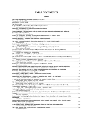 TABLE OF CONTENTS
PART 1
4th World Conference on Educational Sciences (WCES-2012) ....................................................................................................................1
Message from the Guest Editors.......................................................................................................................................................................2
International Advisory Board...........................................................................................................................................................................3
The Reviewers List .............................................................................................................................................................................................5
In Quest for Better Understanding of Student Learning Experiences .........................................................................................................8
Taina Kaivola, Tiina Salomäki, Juha Taina
Differences Between Single-Sex Schools and Co-Education Schools..........................................................................................................13
M. Talha Yalcinkaya, Ayse Ulu
Minority Language Education Reform from the Bottom: Two-Way Immersion Education for New Immigrant
Populations in the United States .....................................................................................................................................................................17
Carla Paciotto, Gloria Delany-Barmann
Motives for Socialization, Sociability and other Positive Characteristics in Children's Stories .............................................................22
Mahmut Celik, Violeta Dimova, Biljana Ivanovska
Pedagogic Assistant: A New Job to Help Students in Handicap Situation ................................................................................................26
Veronique Carrière
The Role of Emotional Intelligence in Increasing Quality of Work Life in School Principals................................................................31
Saeid Farahbakhsh
Social Studies Pre-Service Teachers’ Views About Technology Literacy..................................................................................................36
E. Ozlem Yigit, Cemil Ozturk
The Impact of Verbal Aggression on Burnout: An Empirical Study on University Students.................................................................41
Huseyin Yaratan, Orhan Uludag
Teaching-Learning of Chemistry: Analysis of Representations of Learners on the Modeling of Chemical
Transformation.................................................................................................................................................................................................47
El Hassane Touli, Mohammed Talbi, Mohamed Radid
Effect of Self-Esteem and Self-Efficacy in Family Dynamics ......................................................................................................................53
Armin Mahmoudi
The Effect of Social Emotional Skills Training to Enhance General Health& Emotional Intelligence in the Primary
Teachers.............................................................................................................................................................................................................57
Mansoureh Karimzadeh, Alimohammad Goodarzi, Shirin Rezaei
Misconception in Exponential Numbers in IST and IIND Level Primary School Mathematics.............................................................65
Erdogan Mehmet Ozkan, Ayten Ozkan
Building up Learners’ Communicative Competence: The Politeness Principle .......................................................................................70
Fatima Hussain Felemban
Effects of Group Counseling with Cognitive-Behavioral Approach on Reducing Divorce Children's Depression ..............................77
Soheila Karami, Azizreza Ghasemzadeh, Maryam Saadat, Elaheh Mazaheri, Taiebeh Zandipour
Conception and Validation of a Tool of Creation and Management of the Evaluation of the Lessons and
Formations of Students’ Distance Learning: CG-EVAL-EFDE.................................................................................................................82
G. Chemsi, M. Sadiq, H. Akrim, M. Talbi, M. Radid
Evaluation of Teachers’ Beliefs Towards Constructivist Learning Practices ...........................................................................................92
Cigdem Hursen, Ayca Soykara
Identification of a Few Difficulties in Chemistry in Moroccans High School: Case of the Redox ........................................................101
A. Ferouni, A. Khyati, M. Talbi, S. El Jamali, M. Radid
A Study on the Motivations of the Arabs Invasion of the Southern Province of Iran............................................................................108
Mehrdad Afshoun, Hossein Moftakhari, Parviz Perez Talebzadeh
The Reasons for the Fall of the Khuzestan Province..................................................................................................................................111
Mehrdad Afshoun, Hossein Moftakhari, Parviz Perez Talebzadeh
The Role of Public Relations in the Development and Promotion of Public Structures: University Hassan II
Mohammedia-Casablanca as a Case in Point..............................................................................................................................................114
Z. Noui, M. Talbi, A. Fernex, L. Lima, C. Hadji, A. Gonegai, A. Bouziane, M. Radid
Analyzing the Reports of School Boards: A Content Analysis..................................................................................................................120
Canan Madenoglu, Sengul Uysal
Undergraduate Students’ Performances in Linear Algebra: Factorization of a Determinant of n*n Dimensional
Matrices ...........................................................................................................................................................................................................125
Hulya Ozdag, Nilgun Aygor
Comparison of Test Equating Methods Based on Item Response Theory According to the Sample Size and Ability
Distribution .....................................................................................................................................................................................................130
Sevilay Kilmen, Nukhet Demirtasli
Comparison of Unidimensional and Multidimensional Models Based on Item Response Theory in Terms of Both
Variables of Test Length and Sample Size ..................................................................................................................................................135
Ibrahim Alper Kose, Nukhet C. Demirtasli
Web 2.0 and Learning: When the Use of an Informal Context can Bring Help in a Formal Context .................................................141
Eugénie Duthoit, Stéphanie Mailles-Viard Metz
The Causal Model of Some Factors Affecting Critical Thinking Abilities ..............................................................................................146
Natcha Mahapoonyanont
 
