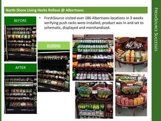 FRESHSOURCESUCCESSES
North Shore Living Herbs Rollout @ Albertsons
DURING
AFTER
BEFORE
• FreshSource visited over 186 Albertsons locations in 3 weeks
verifying push racks were installed, product was in and set to
schematic, displayed and merchandised.
 
