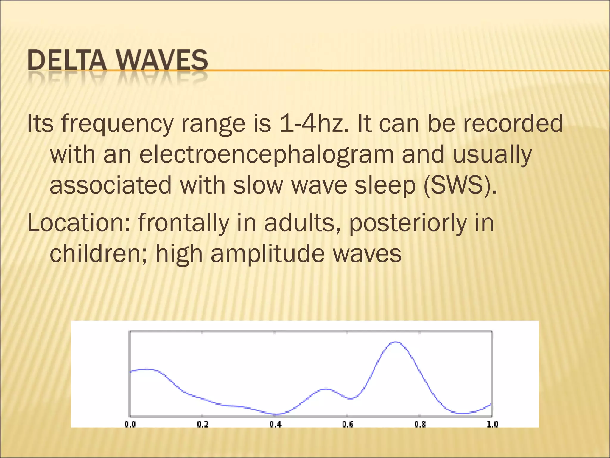 Its frequency range is 1-4hz. It can be recorded
   with an electroencephalogram and usually
   associated with slow wave sleep (SWS).
Location: frontally in adults, posteriorly in
   children; high amplitude waves
 