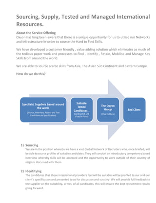 Sourcing, Supply, Tested and Managed International
Resources.
About the Service Offering
Oxyon has long been aware that there is a unique opportunity for us to utilise our Networks
and Infrastructure in-order to source the Hard to Find Skills.
We have developed a customer friendly , value adding solution which eliminates as much of
the tedious paper work and processes to Find , Identify , Retain, Mobilise and Manage Key
Skills from around the world.
We are able to source scarce skills from Asia, The Asian Sub Continent and Eastern Europe.
How do we do this?
1) Sourcing
We are in the position whereby we have a vast Global Network of Recruiters who, once briefed, will
be able to source profiles of suitable candidates. They will conduct an introductory competency based
interview whereby skills will be assessed and the opportunity to work outside of their country of
origin is discussed with them.
2) Identifying
The candidates that these international providers feel will be suitable will be profiled to our and our
client’s specification and presented to us for discussion and scrutiny. We will provide full feedback to
the supplier on the suitability, or not, of all candidates, this will ensure the best recruitment results
going forward.
 