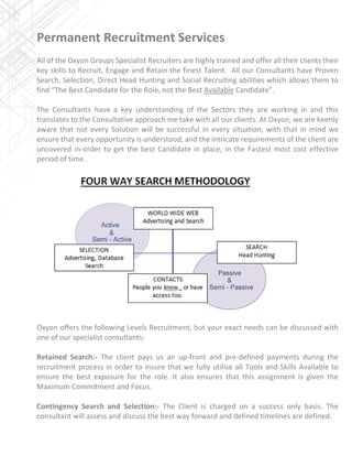 Permanent Recruitment Services
All of the Oxyon Groups Specialist Recruiters are highly trained and offer all their clients their
key skills to Recruit, Engage and Retain the finest Talent. All our Consultants have Proven
Search, Selection, Direct Head Hunting and Social Recruiting abilities which allows them to
find “The Best Candidate for the Role, not the Best Available Candidate”.
The Consultants have a key understanding of the Sectors they are working in and this
translates to the Consultative approach me take with all our clients. At Oxyon, we are keenly
aware that not every Solution will be successful in every situation, with that in mind we
ensure that every opportunity is understood, and the intricate requirements of the client are
uncovered in-order to get the best Candidate in place, in the Fastest most cost effective
period of time.
Oxyon offers the following Levels Recruitment, but your exact needs can be discussed with
one of our specialist consultants:
Retained Search:- The client pays us an up-front and pre-defined payments during the
recruitment process in order to insure that we fully utilise all Tools and Skills Available to
ensure the best exposure for the role. It also ensures that this assignment is given the
Maximum Commitment and Focus.
Contingency Search and Selection:- The Client is charged on a success only basis. The
consultant will assess and discuss the best way forward and defined timelines are defined.
 