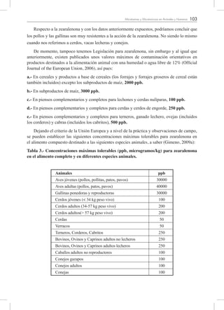 103Micotoxinas y Micotoxicosis en Animales y Humanos
Respecto a la zearalenona y con los datos anteriormente expuestos, podríamos concluir que
los pollos y las gallinas son muy resistentes a la acción de la zearalenona. No siendo lo mismo
cuando nos referimos a cerdos, vacas lecheras y conejos.
De momento, tampoco tenemos Legislación para zearalenona, sin embargo y al igual que
anteriormente, existen publicados unos valores máximos de contaminación orientativos en
productos destinados a la alimentación animal con una humedad o agua libre de 12% (Official
Journal of the European Union, 2006), así pues:
a.- En cereales y productos a base de cereales (los forrajes y forrajes groseros de cereal están
también incluidos) excepto los subproductos de maíz, 2000 ppb.
b.- En subproductos de maíz, 3000 ppb.
c.- En piensos complementarios y completos para lechones y cerdas nulíparas, 100 ppb.
d.- En piensos complementarios y completos para cerdas y cerdos de engorde, 250 ppb.
e.- En piensos complementarios y completos para terneros, ganado lechero, ovejas (incluidos
los corderos) y cabras (incluidos los cabritos), 500 ppb.
Dejando el criterio de la Unión Europea y a nivel de la práctica y observaciones de campo,
se pueden establecer las siguientes concentraciones máximas tolerables para zearalenona en
el alimento compuesto destinado a las siguientes especies animales, a saber (Gimeno, 2009a):
Tabla 3.- Concentraciones máximas tolerables (ppb, microgramos/kg) para zearalenona
en el alimento completo y en diferentes especies animales.
Animales ppb
Aves jóvenes (pollos, pollitas, patos, pavos) 30000
Aves adultas (pollos, patos, pavos) 40000
Gallinas ponedoras y reproductoras 30000
Cerdos jóvenes (< 34 kg peso vivo) 100
Cerdos adultos (34-57 kg peso vivo) 200
Cerdos adultos(> 57 kg peso vivo) 200
Cerdas 50
Verracos 50
Terneros, Corderos, Cabritos 250
Bovinos, Ovinos y Caprinos adultos no lecheros 250
Bovinos, Ovinos y Caprinos adultos lecheros 250
Caballos adultos no reproductores 100
Conejos gazapos 100
Conejos adultos 100
Conejas 100
 