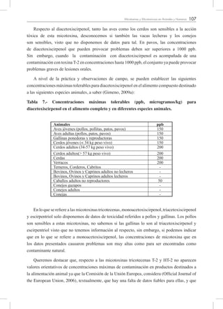 107Micotoxinas y Micotoxicosis en Animales y Humanos
Respecto al diacetoxiscirpenol, tanto las aves como los cerdos son sensibles a la acción
tóxica de esta micotoxina, desconocemos si también las vacas lecheras y los conejos
son sensibles, visto que no disponemos de datos para tal. En pavos, las concentraciones
de diacetoxiscirpenol que pueden provocar problemas deben ser superiores a 1000 ppb.
Sin embargo, cuando la contaminación con diacetoxiscirpenol es acompañada de una
contaminación con toxina T-2 en concentraciones hasta 1000 ppb, el conjunto ya puede provocar
problemas graves de lesiones orales.
A nivel de la práctica y observaciones de campo, se pueden establecer las siguientes
concentraciones máximas tolerables para diacetoxiscirpenol en el alimento compuesto destinado
a las siguientes especies animales, a saber (Gimeno, 2009a):
Tabla 7.- Concentraciones máximas tolerables (ppb, microgramos/kg) para
diacetoxiscirpenol en el alimento completo y en diferentes especies animales.
Animales ppb
Aves jóvenes (pollos, pollitas, patos, pavos) 150
Aves adultas (pollos, patos, pavos) 150
Gallinas ponedoras y reproductoras 150
Cerdos jóvenes (< 34 kg peso vivo) 150
Cerdos adultos (34-57 kg peso vivo) 200
Cerdos adultos(> 57 kg peso vivo) 200
Cerdas 200
Verracos 200
Terneros, Corderos, Cabritos -
Bovinos, Ovinos y Caprinos adultos no lecheros -
Bovinos, Ovinos y Caprinos adultos lecheros -
Caballos adultos no reproductores 50
Conejos gazapos -
Conejos adultos -
Conejas -
En lo que se refiere a las micotoxinas tricotecenas, monoacetoxiscirpenol, triacetoxiscirpenol
y escirpentriol solo disponemos de datos de toxicidad referidos a pollos y gallinas. Los pollos
son sensibles a estas micotoxinas, no sabemos si las gallinas lo son al triacetoxiscirpenol y
escirpentriol visto que no tenemos información al respecto, sin embargo, si podemos indicar
que en lo que se refiere a monoacetoxiscirpenol, las concentraciones de micotoxina que en
los datos presentados causaron problemas son muy altas como para ser encontradas como
contaminante natural.
Queremos destacar que, respecto a las micotoxinas tricotecenas T-2 y HT-2 no aparecen
valores orientativos de concentraciones máximas de contaminación en productos destinados a
la alimentación animal ya que la Comisión de la Unión Europea, considera (Official Journal of
the European Union, 2006), textualmente, que hay una falta de datos fiables para ellas, y que
 