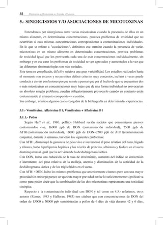 58 Micotoxinas y Micotoxicosis en Animales y Humanos
5.- SINERGISMOS Y/O ASOCIACIONES DE MICOTOXINAS
Entendemos por sinergismos entre varias micotoxinas cuando la presencia de ellas en un
mismo alimento, en determinadas concentraciones, provoca problemas de toxicidad que no
ocurrirían si esas mismas concentraciones correspondieran a contaminaciones individuales.
En lo que se refiere a "asociaciones", definimos ese termino cuando la presencia de varias
micotoxinas en un mismo alimento en determinadas concentraciones, provoca problemas
de toxicidad igual que los provocaría cada una de esas concentraciones individualmente, sin
embargo y en ese caso los problemas de toxicidad se ven agravados y aumentados a la vez que
las diferentes sintomatologías son más variadas.
Este tema es complicado, difícil y sujeto a una gran variabilidad. Los estudios realizados hasta
el momento son escasos y no permiten definir criterios muy concretos, incluso a veces puede
conducir a ciertas confusiones porque se este a pensar que por el hecho de que se encuentren dos
o más micotoxinas en concentraciones muy bajas que de una forma individual no provocarían
en absoluto ningún problema, puedan obligatoriamente provocarlo cuando en conjunto están
contaminando el alimento compuesto en cuestión.
Sin embargo, veamos algunos casos recogidos de la bibliografía en determinadas experiencias.
5.1.- Vomitoxina, Aflatoxina B1, Vomitoxina + Aflatoxina B1
5.1.1.- Pollos
Según Huff et al., 1986, pollitos Hubbard recién nacidos que consumieron piensos
contaminados con, 16000 ppb de DON (contaminación individual), 2500 ppb de
AFB1(contaminación individual), 16000 ppb de DON+2500 ppb de AFB1(contaminación
conjunta), durante 3 semanas, tuvieron los siguientes problemas:
Con AFB1, disminuyó la ganancia de peso vivo e incrementó el peso relativo del bazo, hígado
y riñones, hubo hiperlipemia hepática y los niveles de proteína, albúmina y fósforo en el suero
disminuyeron al igual que la actividad de la deshidrogenasa láctica.
Con DON, hubo una reducción de la tasa de crecimiento, aumento del índice de conversión
e incremento del peso relativo de la molleja, anemia y disminución de la actividad de la
deshidrogenasa láctica y de los triglicéridos en el suero.
Con AFB1+DON, hubo los mismos problemas que anteriormente citamos pero con una mayor
gravedad sin embargo parece ser que esta mayor gravedad no fue lo suficientemente significativa
como para poder decir que la combinación de las dos micotoxinas representara una toxicidad
sinérgica.
Respecto a la contaminación individual con DON y tal como en 4.5.- referimos, otros
autores (Romer, 1983 y Halloran, 1983) nos citaban que con concentraciones de DON del
orden de 15000 a 50000 ppb suministradas a pollos de 6 días de vida durante 42 y 6 días,
 