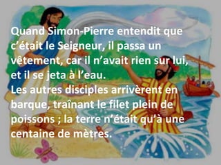 Quand Simon-Pierre entendit que
c’était le Seigneur, il passa un
vêtement, car il n’avait rien sur lui,
et il se jeta à l’eau.
Les autres disciples arrivèrent en
barque, traînant le filet plein de
poissons ; la terre n’était qu’à une
centaine de mètres.
 