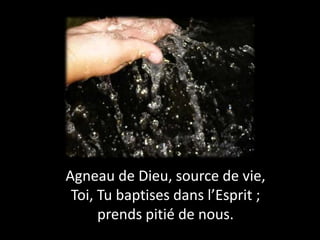 Agneau de Dieu, source de vie,
Toi, Tu baptises dans l’Esprit ;
prends pitié de nous.
 