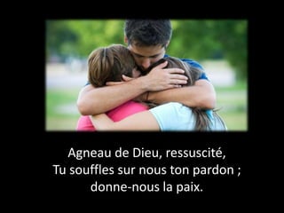 Agneau de Dieu, ressuscité,
Tu souffles sur nous ton pardon ;
donne-nous la paix.
 