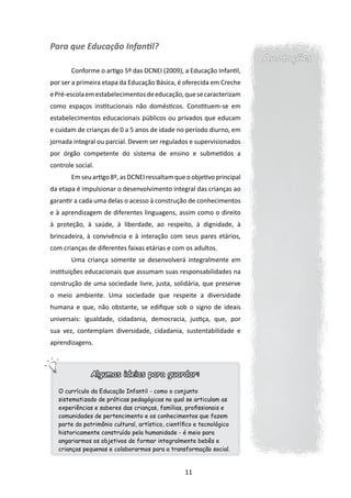 Para que Educação Infantil?
                                                                        Anotações
       	Conforme o artigo 5º das DCNEI (2009), a Educação Infantil,
por ser a primeira etapa da Educação Básica, é oferecida em Creche
e Pré-escola em estabelecimentos de educação, que se caracterizam
como espaços institucionais não domésticos. Constituem-se em
estabelecimentos educacionais públicos ou privados que educam
e cuidam de crianças de 0 a 5 anos de idade no período diurno, em
jornada integral ou parcial. Devem ser regulados e supervisionados
por órgão competente do sistema de ensino e submetidos a
controle social.
       	Em seu artigo 8º, as DCNEI ressaltam que o objetivo principal
da etapa é impulsionar o desenvolvimento integral das crianças ao
garantir a cada uma delas o acesso à construção de conhecimentos
e à aprendizagem de diferentes linguagens, assim como o direito
à proteção, à saúde, à liberdade, ao respeito, à dignidade, à
brincadeira, à convivência e à interação com seus pares etários,
com crianças de diferentes faixas etárias e com os adultos.
       	Uma criança somente se desenvolverá integralmente em
instituições educacionais que assumam suas responsabilidades na
construção de uma sociedade livre, justa, solidária, que preserve
o meio ambiente. Uma sociedade que respeite a diversidade
humana e que, não obstante, se edifique sob o signo de ideais
universais: igualdade, cidadania, democracia, justiça, que, por
sua vez, contemplam diversidade, cidadania, sustentabilidade e
aprendizagens.



               Algumas ideias para guardar:

   O currículo da Educação Infantil - como o conjunto
   sistematizado de práticas pedagógicas no qual se articulam as
   experiências e saberes das crianças, famílias, profissionais e
   comunidades de pertencimento e os conhecimentos que fazem
   parte do patrimônio cultural, artístico, científico e tecnológico
   historicamente construído pela humanidade - é meio para
   angariarmos os objetivos de formar integralmente bebês e
   crianças pequenas e colaborarmos para a transformação social.


                                                  11
 