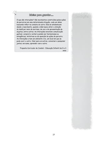 Ideias para guardar...
                                                                  Anotações
O que são interações? São movimentos construídos pelas ações
de parceiros em uma determinada situação, cada um deles
buscando influir na conduta do outro. Elas se estabelecem
desde o nascimento, quando a mãe busca obter a atenção
do bebê por meio de sorrisos, de voz e de apresentação de
objetos, entre outros. As interações envolvem comunicação
gestual, corporal e verbal e podem ser harmoniosas ou
antagônicas, imitativas ou de oposição às ações do parceiro.
As interações criam um ambiente vivo, um local em que se
pode ouvir o outro, falar para os outros, conversar e pesquisar
juntos; em suma, aprender com o outro.

    Proposta Curricular de Jundiaí – Educação Infantil de 0 a 3
                                                          anos




                                              27
 