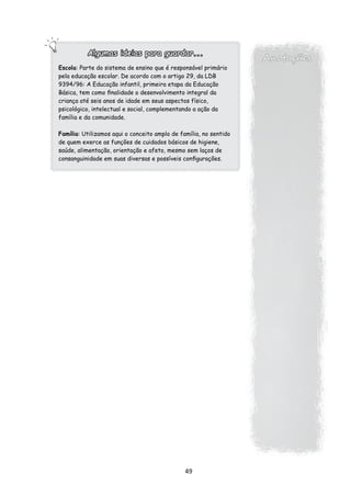 Algumas ideias para guardar...
                                                                   Anotações
Escola: Parte do sistema de ensino que é responsável primário
pela educação escolar. De acordo com o artigo 29, da LDB
9394/96: A Educação infantil, primeira etapa da Educação
Básica, tem como finalidade o desenvolvimento integral da
criança até seis anos de idade em seus aspectos físico,
psicológico, intelectual e social, complementando a ação da
família e da comunidade.

Família: Utilizamos aqui o conceito amplo de família, no sentido
de quem exerce as funções de cuidados básicos de higiene,
saúde, alimentação, orientação e afeto, mesmo sem laços de
consanguinidade em suas diversas e possíveis configurações.




                                               49
 