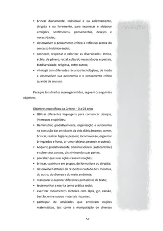 •	 brincar diariamente, individual e ou coletivamente,
             dirigida e ou livremente, para expressar e elaborar            Anotações
             emoções,     sentimentos,      pensamentos,    desejos    e
             necessidades;
       •	 desenvolver o pensamento crítico e reflexivo acerca do
             contexto histórico-social;
       •	 conhecer, respeitar e valorizar as diversidades: étnica,
             etária, de gênero, racial, cultural, necessidades especiais,
             biodiversidade, religiosa, entre outras;
       •	 interagir com diferentes recursos tecnológicos, de modo
             a desenvolver sua autonomia e o pensamento crítico
             quando de seu uso.


       Para que tais direitos sejam garantidos, seguem os seguintes
objetivos:


       Objetivos específicos da Creche – 0 a 03 anos
       •	 Utilizar diferentes linguagens para comunicar desejos,
             interesses e opiniões;
       •	 Demonstrar, gradativamente, organização e autonomia
             na execução das atividades da vida diária (mamar, comer,
             brincar, realizar higiene pessoal, locomover-se, organizar
             brinquedos e livros, arrumar objetos pessoais e outros);
       •	 Adquirir, gradativamente, domínio sobre si (autocontrole)
             e sobre seus corpos, discriminando suas partes;
       •	 perceber que suas ações causam reações;
       •	 brincar, sozinha e em grupos, de forma livre ou dirigida;
       •	 desenvolver atitudes de respeito e cuidado de si mesmas,
             do outro, do diverso e do meio ambiente;
       •	 manipular e explorar diferentes portadores de texto;
       •	 testemunhar a escrita como prática social;
       •	 exercitar movimentos motores com lápis, giz, carvão,
             bastão, entre outros materiais riscantes;
       •	 participar      de   atividades     que   envolvam     noções
             matemáticas, tais como a manipulação de diversas


                                                    59
 