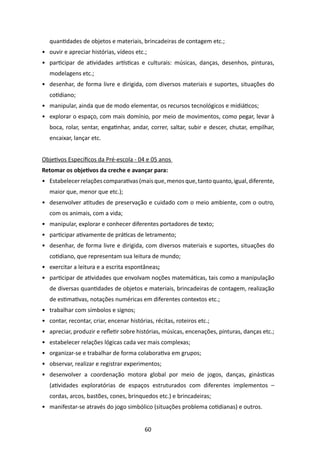 quantidades de objetos e materiais, brincadeiras de contagem etc.;
•	 ouvir e apreciar histórias, vídeos etc.;
•	 participar de atividades artísticas e culturais: músicas, danças, desenhos, pinturas,
   modelagens etc.;
•	 desenhar, de forma livre e dirigida, com diversos materiais e suportes, situações do
   cotidiano;
•	 manipular, ainda que de modo elementar, os recursos tecnológicos e midiáticos;
•	 explorar o espaço, com mais domínio, por meio de movimentos, como pegar, levar à
   boca, rolar, sentar, engatinhar, andar, correr, saltar, subir e descer, chutar, empilhar,
   encaixar, lançar etc.


Objetivos Específicos da Pré-escola - 04 e 05 anos
Retomar os objetivos da creche e avançar para:
•	 Estabelecer relações comparativas (mais que, menos que, tanto quanto, igual, diferente,
   maior que, menor que etc.);
•	 desenvolver atitudes de preservação e cuidado com o meio ambiente, com o outro,
   com os animais, com a vida;
•	 manipular, explorar e conhecer diferentes portadores de texto;
•	 participar ativamente de práticas de letramento;
•	 desenhar, de forma livre e dirigida, com diversos materiais e suportes, situações do
   cotidiano, que representam sua leitura de mundo;
•	 exercitar a leitura e a escrita espontâneas;
•	 participar de atividades que envolvam noções matemáticas, tais como a manipulação
   de diversas quantidades de objetos e materiais, brincadeiras de contagem, realização
   de estimativas, notações numéricas em diferentes contextos etc.;
•	 trabalhar com símbolos e signos;
•	 contar, recontar, criar, encenar histórias, récitas, roteiros etc.;
•	 apreciar, produzir e refletir sobre histórias, músicas, encenações, pinturas, danças etc.;
•	 estabelecer relações lógicas cada vez mais complexas;
•	 organizar-se e trabalhar de forma colaborativa em grupos;
•	 observar, realizar e registrar experimentos;
•	 desenvolver a coordenação motora global por meio de jogos, danças, ginásticas
   (atividades exploratórias de espaços estruturados com diferentes implementos –
   cordas, arcos, bastões, cones, brinquedos etc.) e brincadeiras;
•	 manifestar-se através do jogo simbólico (situações problema cotidianas) e outros.


                                          60
 