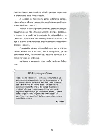 direitos e deveres, exercitando os cuidados pessoais, respeitando
as diversidades, entre outros aspectos.                                Anotações
        A passagem da heteronomia para a autonomia obriga a
criança a lançar mãos de recursos internos (afetivos e cognitivos) e
externos (sociais e culturais).
        Para que as crianças possam aprender a gerenciar suas ações
e julgamentos que não estejam circunscritos à simples obediência
e possam ter a noção da importância da reciprocidade e da
cooperação, é preciso que usufruam de gradativa independência ao
agir, ao escolher e tomar decisões, ao participar do estabelecimento
de regras e sanções.
        É necessário planejar oportunidades em que as crianças
tenham espaço para a iniciativa, para o autogoverno, para o
pensamento crítico, considerando seus recursos individuais e os
limites inerentes aos ambientes.
        Identidade e autonomia, deste modo, caminham lado a
lado.



                   Ideias para guardar...

   Tudo o que me diz respeito, a começar por meu nome, e que
   penetra em minha consciência, vem-me do mundo exterior, da
   boca dos outros (da mãe, etc.) e me é dado com a entonação,
   com o tom emotivo dos valores deles. Tomo consciência
   de mim, originalmente, através dos outros: deles recebo
   a palavra, a forma e o tom que servirão para a formação
   original da representação que terei de mim mesmo. [...] Assim
   como o corpo se forma originalmente dentro do seio (do
   corpo) materno, a consciência do homem desperta envolta na
   consciência do outro.

                                                       M. Bakhtin




                                                 69
 