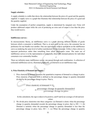 Stani Memorial College of Engineering And Technology, Phagi
Electrical Engineering
3EE11A Humanities & Social Sciences Lab Manual
15
Supply schedule:-
A supply schedule is a table that shows the relationship between the price of a good and the quantity
supplied. A supply curve is a graph that illustrates that relationship between the price of a good and
the quantity supplied.
Under the assumption of perfect competition, supply is determined by marginal cost. Firms will
produce additional output while the cost of producing an extra unit of output is less than the price
they would receive.
Indifference curves:-
In microeconomic theory, an indifference curve is a graph showing different bundles of goods
between which a consumer is indifferent. That is, at each point on the curve, the consumer has no
preference for one bundle over another. One can equivalently refer to each point on the indifference
curve as rendering the same level of utility (satisfaction) for the consumer. Utility is then a device to
represent preferences rather than something from which preferences come. The main use of
indifference curves is in the representation of potentially observable demand patterns for individual
consumers over commodity bundles.
There are infinitely many indifference curves: one passes through each combination. A collection of
(selected) indifference curves, illustrated graphically, is referred to as an indifference map.
A. Price Elasticity of Demand and Supply:-
1. Price elasticity of demand measures the quantitative response of demand to a change in price.
Price elasticity of demand (ED) is defined as the percentage change in quantity demanded
divided by the percentage change in price. That is,
In this calculation, the sign is taken to be positive, and P and Q are averages of old and new
values.
2. We divide price elasticities into three categories: (a) Demand is elastic when the percentage
change in quantity demanded exceeds the percentage change in price; that is, ED > 1. (b)
Demand is inelastic when the percentage change in quantity demanded is less than the
percentage change in price; here, ED < 1. (c) When the percentage change in quantity
 