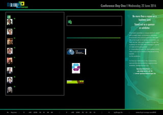 €
DigIT Europe
To Register | T +49 (0)30 20 91 33 88 | F +49 (0)30 20 91 32 10 | E eq@iqpc.de | www.digit-europe.com/MM
			17:10 	 Industry Roundtables – Meet your peers!
	 A: Automotive/Manufacturing
	 Patrick Hoffstetter,
	CDO,
	 Groupe Renault S.A.
	 B: Utilities
	 Charles Delalonde,
	 Head of Digital Innovation,
	 EDF Energy R&D UK Centre
	 C: Travel & Hospitality
	 Lennart Gijsen,
	 Marketing Manager Booking for Business (Business Bookers), 	
	 Booking.com B.V.
	 D: FMCG
	 Jean-Paul Jansen,
	 Global Marketing Director & e-Business 	Leader Prestige,
	 Procter & Gamble Co.
	 E: TelCo
	 Jeremy Curtin,
	 Director of Digital,
	 Telenet Group Holding N.V.
	 F: Financial Services
	 Steven Zuanella,
	 Chief Digital Officer, UKGI Operations & Technology,
	 Zurich Insurance PLC
	 G: Commerce
	 Martin Wild,
	CDO,
	 Media-Saturn-Holding GmbH
	 H: SPECIAL Women in Tech Roundtable
	 Cheryl D. Miller,
	 Founder, 			
	 Digital Leadership Institute
17:40 	 End of the first conference day
18:30	 Evening Event
		 Join us for a casual evening reception and dinner to let the first 	
		 conference day come to an end over food and drinks in a casual 	
		atmosphere.
Conference Day One I Wednesday, 22 June 2016
 Be more than a name on a
business card.
Stand out as a sponsor
or exhibitor.
This event provides a unique platform which
encourages open conversation between
practitioner and solution-provider. We take
the time to get to know our customers, so
that we can help you navigate through the
audience to find the best matches in terms
of need and buying power.
A `must-attend’ event for businesses which
have a service or solution that would bring
benefit
to the audience.
To find out more about the outstanding
sponsorship and exhibition opportunities
available, please contact our
Sponsorship Team on:
+49 (0)30 20 91 32 78
or email sponsorship@iqpc.de
Media Partner
The CX Network is an online community for
global customer experience, service, insight
and marketing professionals who are leveraging
customer management strategies to increase
customer acquisition and loyalty, whilst driving
increased profits across the entire organisation.
The Digital Leadership Institute is a recogni-
sed world leader in promoting greater participa-
tion of girls and women in
strategic, innovative ESTEAM (entrepreneurs-
hip, science, technology, engineering, arts and
mathematics) sectors
doubleYUU is a Hamburg based management
consultancy for the Digital Transformation
Industry. Based on their experience and unique
methods, they help companies ensuring a
successful future by preparing them with their
digital transformation. doubleYUU also runs a
free newsletter, available for everyone to sign
up for on their website.
			
 