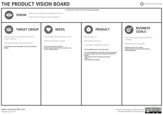 TARGET GROUP NEEDS PRODUCT BUSINESS
GOALS
VISION
Which market or market segment does the
product address?
Who are the target customers and users?
What problem does the product solve?
Which beneﬁt does it provide?
What product is it?
What makes it stand out?
Is it feasible to develop the product?
How is the product going to beneﬁt the
company?
What are the business goals?
THE PRODUCT VISION BOARD
What is your motivation for creating the product?
Which positive change should it bring about?
This work is licensed under a Creative Commons
Attribution-ShareAlike 3.0 Unported License
www.romanpichler.com
Template version 05/15
To provide more clients for the local business and guides
- Local Buisness (accommodation, food, rest, transport)
- Guides
- To promote services and goods
- To sell more services (rooms, excurtions, etc.)
- To form positive image The PocketWorld App. The Virtual Guide.
- The lcoal buisiness and indiviluals services placement
- Actual information and prices about their goods and
services
- New tourist routs for covering more places
- Events
- New customers requests
- Monthly payment from guides
- Monthly payment from the local business
- Install app tracker
 