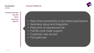Point Nine
Customer Circle Platform
11
w w w . p 9 f t . c o m
11
Fund/Asset Manager
Buy Side
Banks
Corporates
Retail FX •  Real-time connectivity to all market participants
•  Seamless setup and integration
•  Reduction of operational risk
•  Full life cycle trade support
•  Customer view access
•  Full audit trail
 