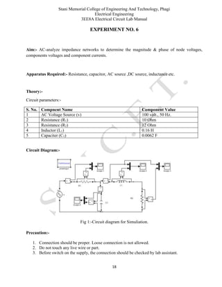 Stani Memorial College of Engineering And Technology, Phagi
Electrical Engineering
3EE8A Electrical Circuit Lab Manual
18
EXPERIMENT NO. 6
Aim:- AC-analyze impedance networks to determine the magnitude & phase of node voltages,
components voltages and component currents.
Apparatus Required:- Resistance, capacitor, AC source ,DC source, inductance etc.
Theory:-
Circuit parameters:-
S. No. Compnent Name Component Value
1 AC Voltage Source (v) 100 volt., 50 Hz.
2 Resistance (R1) 10 Ohm
3 Resistance (R2) 12 Ohm
4 Inductor (L1) 0.16 H
5 Capaciter (C1) 0.0062 F
Circuit Diagram:-
Fig 1:-Circuit diagram for Simuliation.
Precaution:-
1. Connection should be proper. Loose connection is not allowed.
2. Do not touch any live wire or part.
3. Before switch on the supply, the connection should be checked by lab assistant.
 