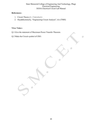 Stani Memorial College of Engineering And Technology, Phagi
Electrical Engineering
3EE8A Electrical Circuit Lab Manual
20
References:-
1. Circuit Theory (A. Chakrabarti)
2. Hayt&Kemmerly, “Engineeirng Circuit Analysis”, 6/e (TMH)
Viva- Voice:-
Q.1 Give the statement of Maximum Power Transfer Theorem.
Q.2 Make the Circuit symbol of CRO.
 