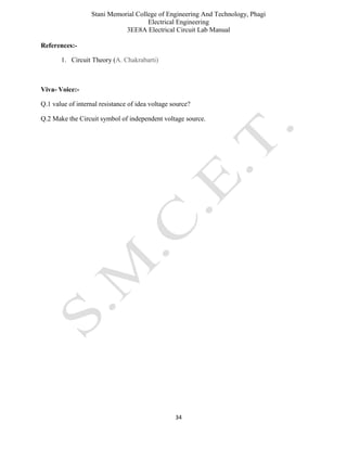 Stani Memorial College of Engineering And Technology, Phagi
Electrical Engineering
3EE8A Electrical Circuit Lab Manual
34
References:-
1. Circuit Theory (A. Chakrabarti)
Viva- Voice:-
Q.1 value of internal resistance of idea voltage source?
Q.2 Make the Circuit symbol of independent voltage source.
 