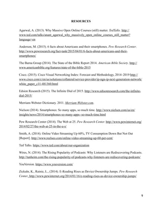 RESOURCES
!
Agarwal, A. (2013). Why Massive Open Online Courses (still) matter. TedTalks. http://
www.ted.com/talks/anant_agarwal_why_massively_open_online_courses_still_matter?
language=en
Anderson, M. (2015). 6 facts about Americans and their smartphones. Pew Research Center.
http://www.pewresearch.org/fact-tank/2015/04/01/6-facts-about-americans-and-their-
smartphones/
The Barna Group (2014). The State of the Bible Report 2014. American Bible Society. http://
www.americanbible.org/features/state-of-the-bible-2015
Cisco. (2015). Cisco Visual Networking Index: Forecast and Methodology, 2014–2019 http://
www.cisco.com/c/en/us/solutions/collateral/service-provider/ip-ngn-ip-next-generation-network/
white_paper_c11-481360.html
Edsion Research (2015). The Infinite Dial of 2015. http://www.edisonresearch.com/the-infinite-
dial-2015/
Merriam-Webster Dictionary. 2011. Merriam-Webster.com.
Nielson (2014). Smartphones: So many apps, so much time. http://www.nielsen.com/us/en/
insights/news/2014/smartphones-so-many-apps--so-much-time.html
Pew Research Center (2014). The Web at 25. Pew Research Center. http://www.pewinternet.org/
2014/02/27/the-web-at-25-in-the-u-s/
Smith, A. (2014). Online Video Streaming Up 60%, TV Consumption Down But Not Out
[Report]. http://www.reelseo.com/online-video-streaming-up-60-per-cent/
Ted Talks. https://www.ted.com/about/our-organization
Wires, N. (2014). The Rising Popularity of Podcasts: Why Listeners are Rediscovering Podcasts.
http://tunheim.com/the-rising-popularity-of-podcasts-why-listeners-are-rediscovering-podcasts/
YouVersion. https://www.youversion.com/
Zickuhr, K., Rainie, L., (2014). E-Reading Rises as Device Ownership Jumps. Pew Research
Center. http://www.pewinternet.org/2014/01/16/e-reading-rises-as-device-ownership-jumps/
!
!9
 