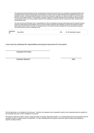 This Job Description is not intended to be all inclusive. Therefore, the employee may be requested to perform other reasonable duties as assigned by
the immediate supervisor or other management as required.
The Company reserves the right to revise or change job duties as business requirements dictate. It is mutually agreed that the job description does not
constitute a written or implied contract of employment. It is also understood that the company reserves the right to change work schedules as
required, including overtime.
The physical demands described here are representative of those that must be met by an employee to successfully perform the
essential functions of this job. Reasonable accommodations may be made to enable individuals with disabilities to perform the
essential functions. While performing the duties of this job, the employee is required to sit, stand, and walk; to reach with hands
and arms; and to talk and listen. The employee is required to type on a computer keyboard and the employee may be asked to
occasionally lift and/or move heavy objects. Specific vision capabilities required by this job include close vision, distance vision,
and peripheral vision.
The work environment described here is representative of what an employee encounters while performing the essential functions
of this job. Reasonable accommodations may be made to enable individuals with disabilities to perform the essential functions.
While performing the duties of this job, the employee works in home-like and office settings with varying temperature degrees.
The noise level can vary from moderate to loud.
APPROVED
BY
Craig White Title VP, HR Operations Support
I have read and understand the responsibilities and physical requirements for this position
_____________________________________________________
Employee-Print Name
_____________________________________________________ _________________________
Employee Signature Date
 