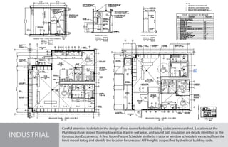 Careful attention to details in the design of rest rooms for local building codes are researched. Locations of the
Plumbing chase, sloped flooring towards a drain in wet areas, and sound batt insulation are details identified in the
Construction Documents. A Rest Room Fixture Schedule similar to a door or window schedule is extracted from the
Revit model to tag and identify the location fixtures and AFF heights as specified by the local building code.
INDUSTRIAL
 