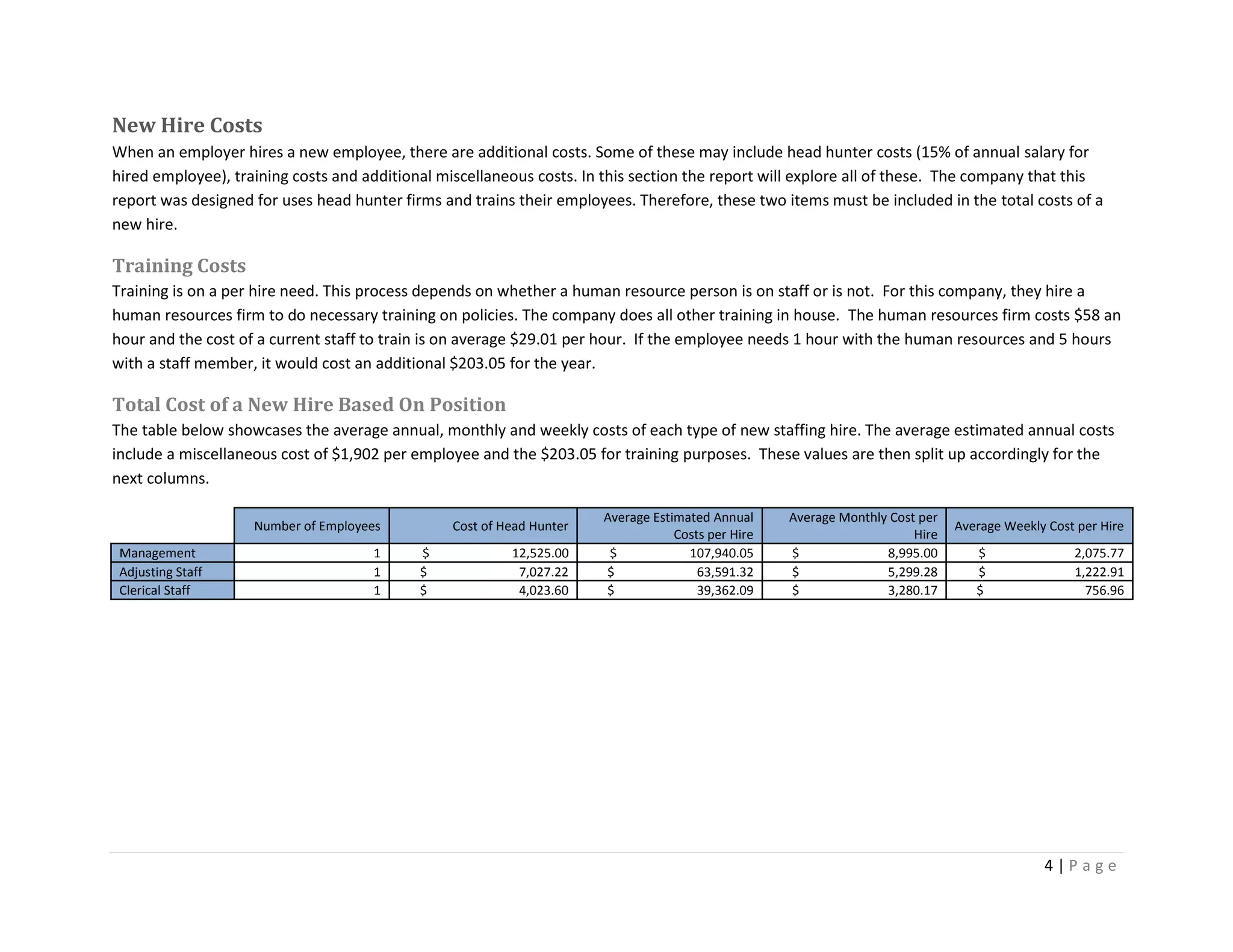 4 | P a g e
New Hire Costs
When an employer hires a new employee, there are additional costs. Some of these may include head hunter costs (15% of annual salary for
hired employee), training costs and additional miscellaneous costs. In this section the report will explore all of these. The company that this
report was designed for uses head hunter firms and trains their employees. Therefore, these two items must be included in the total costs of a
new hire.
Training Costs
Training is on a per hire need. This process depends on whether a human resource person is on staff or is not. For this company, they hire a
human resources firm to do necessary training on policies. The company does all other training in house. The human resources firm costs $58 an
hour and the cost of a current staff to train is on average $29.01 per hour. If the employee needs 1 hour with the human resources and 5 hours
with a staff member, it would cost an additional $203.05 for the year.
Total Cost of a New Hire Based On Position
The table below showcases the average annual, monthly and weekly costs of each type of new staffing hire. The average estimated annual costs
include a miscellaneous cost of $1,902 per employee and the $203.05 for training purposes. These values are then split up accordingly for the
next columns.
Number of Employees Cost of Head Hunter
Average Estimated Annual
Costs per Hire
Average Monthly Cost per
Hire
Average Weekly Cost per Hire
Management 1 $ 12,525.00 $ 107,940.05 $ 8,995.00 $ 2,075.77
Adjusting Staff 1 $ 7,027.22 $ 63,591.32 $ 5,299.28 $ 1,222.91
Clerical Staff 1 $ 4,023.60 $ 39,362.09 $ 3,280.17 $ 756.96
 