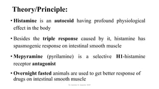 Theory/Principle:
• Histamine is an autocoid having profound physiological
effect in the body
• Besides the triple response caused by it, histamine has
spasmogenic response on intestinal smooth muscle
• Mepyramine (pyrilamine) is a selective H1-histamine
receptor antagonist
• Overnight fasted animals are used to get better response of
drugs on intestinal smooth muscle
Dr. Sameer H. Sawant, SIOP
 