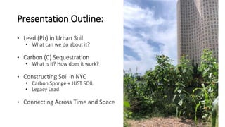 Presentation Outline:
• Lead (Pb) in Urban Soil
• What can we do about it?
• Carbon (C) Sequestration
• What is it? How does it work?
• Constructing Soil in NYC
• Carbon Sponge + JUST SOIL
• Legacy Lead
• Connecting Across Time and Space
 