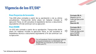 Tres (03) años contados a partir de su aprobación o de su última
actualización. Transcurrido dicho plazo sin haberse iniciado la
ejecución física, la UEI actualiza el expediente técnico o documento
equivalente a fin de continuar con su ejecución.
Un (01) año contado a partir de su aprobación. Transcurrido dicho
plazo sin haberse iniciado la ejecución física, la UEI actualiza el
expediente técnico o documento equivalente a fin de continuar con
su ejecución.
Formato 08-A :
Registro en la
Fase de Ejecución
para PI
(Sección B)
Formato 08-C :
Registro en la
Fase de Ejecución
para IOARR
(Sección B)
Vigencia de los ET/DE*
Para Proyectos de Inversión
Para IOARR
Con el Expediente Técnico actualizado (vigente)
se hace la consistencia. La información se
REGISTRA en la sección A y B del Formato 08-
A (Solo para PI).
* Art. 34 Directiva General del Invierte.pe
 