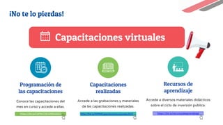 Capacitaciones virtuales
Programación de
las capacitaciones
Capacitaciones
realizadas
Recursos de
aprendizaje
Conoce las capacitaciones del
mes en curso y accede a ellas.
Accede a las grabaciones y materiales
de las capacitaciones realizadas.
Accede a diversos materiales didácticos
sobre el ciclo de inversión pública.
https://bit.ly/CAPACITACIONES2023 https://bit.ly/recursosdeaprendizaje
https://bit.ly/DGPMICapacitacionesrealizadas2023
¡No te lo pierdas!
 
