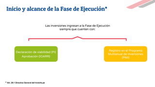 Inicio y alcance de la Fase de Ejecución*
* Art. 29.1 Directiva General del Invierte.pe
Las inversiones ingresan a la Fase de Ejecución
siempre que cuenten con:
Declaración de viabilidad (PI)
Aprobación (IOARR)
Registro en el Programa
Multianual de Inversiones
(PMI)
 