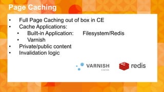 Page Caching 
• Full Page Caching out of box in CE 
• Cache Applications: 
• Built-in Application: Filesystem/Redis 
• Varnish 
• Private/public content 
• Invalidation logic 
 