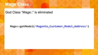 Mage Class 
God Class “Mage::” is eliminated 
Mage::getModel('Magento_Customer_Model_Address') 
 