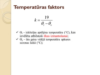 Temperatūras faktors
ei
k
 

19
 Өi  iekštelpu aprēķina temperatūra (C), kas
izvēlēta atbilstoši ēkas izmantošanai;
 Өe  āra gaisa vidējā temperatūra apkures
sezonas laikā (C);
 