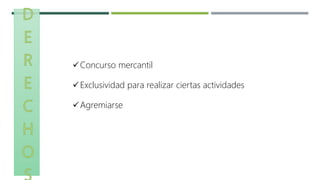 Concurso mercantil
Exclusividad para realizar ciertas actividades
Agremiarse
 