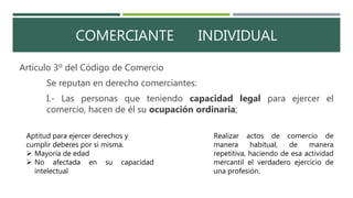COMERCIANTE INDIVIDUAL
Artículo 3º del Código de Comercio
Se reputan en derecho comerciantes:
I.- Las personas que teniendo capacidad legal para ejercer el
comercio, hacen de él su ocupación ordinaria;
Aptitud para ejercer derechos y
cumplir deberes por si misma.
 Mayoría de edad
 No afectada en su capacidad
intelectual
Realizar actos de comercio de
manera habitual, de manera
repetitiva, haciendo de esa actividad
mercantil el verdadero ejercicio de
una profesión.
 