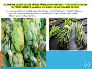 ALCACHOFAS ELIMINA GRASAS Y LOS ESPÁRRAGOS PREVIENEN EL ESTREÑIMIENTO, MANTENER
UN TRACTO DIGESTIVO SALUDABLE Y REDUCIR EL RIESGO DE CÁNCER DE COLON
. Las agroexportaciones de espárragos, alcachofas y varios frutos llegan a más de 53 países,
entre los que destacan Estados Unidos, Países Bajos, Ecuador, España, Reino Unido,
China, Francia, Chile y Alemania.
14
 