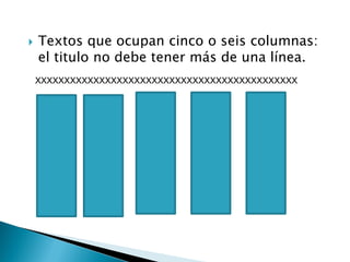    Textos que ocupan cinco o seis columnas:
    el titulo no debe tener más de una línea.
    XXXXXXXXXXXXXXXXXXXXXXXXXXXXXXXXXXXXXXXXXXXXX
 