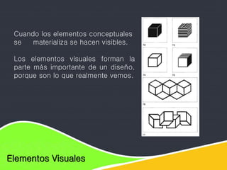 Elementos de diseño
Elementos Visuales
Cuando los elementos conceptuales
se materializa se hacen visibles.
Los elementos visuales forman la
parte más importante de un diseño,
porque son lo que realmente vemos.
 