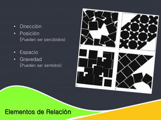 Elementos de diseño
Elementos de Relación
• Dirección
• Posición
(Pueden ser percibidos)
• Espacio
• Gravedad
(Pueden ser sentidos)
 