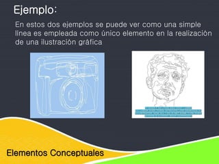 Elementos Conceptuales
Ejemplo:
En estos dos ejemplos se puede ver como una simple
línea es empleada como único elemento en la realización
de una ilustración gráfica
 