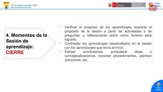 4. Momentos de la
Sesión de
aprendizaje:
CIERRE
- Verificar el progreso de los aprendizajes respecto al
propósito de la sesión a partir de actividades o de
preguntas, y reflexionando sobre cómo hicieron para
lograrlo.
- Contrastar los aprendizajes desarrollados en la sesión
con los aprendizajes que tenía al inicio.
- Extraer conclusiones, puntualizar ideas o
conceptualizaciones, recordar procedimientos, plantear
soluciones, etc.
 