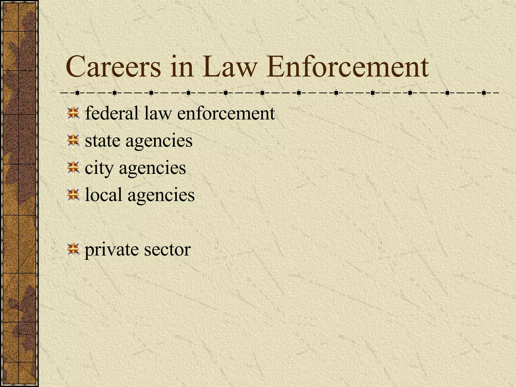 Careers in Law Enforcement federal law enforcement state agencies city agencies local agencies private sector 