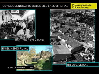 CONSECUENCIAS SOCIALES DEL ÉXODO RURALCONSECUENCIAS SOCIALES DEL ÉXODO RURAL
EN LA CIUDAD…
MOVILIDAD FÍSICA Y SOCIAL
PUEBLOS DESHABITADOS
EN EL MEDIO RURAL
-Proceso urbanizador
-El drama humano
 