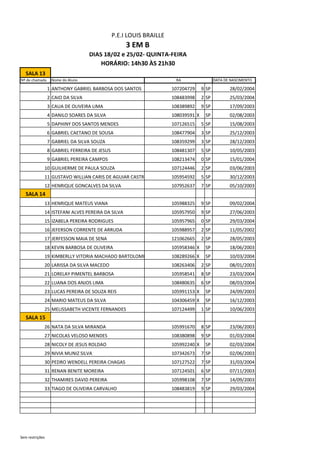 SALA 13
Nº de chamada Nome do Aluno DATA DE NASCIMENTO
1 ANTHONY GABRIEL BARBOSA DOS SANTOS 107204729 9 SP 28/02/2004
2 CAIO DA SILVA 108483998 2 SP 25/03/2004
3 CAUA DE OLIVEIRA LIMA 108389892 9 SP 17/09/2003
4 DANILO SOARES DA SILVA 108039591 X SP 02/08/2003
5 DAPHINY DOS SANTOS MENDES 107126515 5 SP 15/08/2003
6 GABRIEL CAETANO DE SOUSA 108477904 3 SP 25/12/2003
7 GABRIEL DA SILVA SOUZA 108359299 3 SP 28/12/2003
8 GABRIEL FERREIRA DE JESUS 108481307 5 SP 10/05/2003
9 GABRIEL PEREIRA CAMPOS 108213474 0 SP 15/01/2004
10 GUILHERME DE PAULA SOUZA 107124446 2 SP 03/06/2003
11 GUSTAVO WILLIAN CARIS DE AGUIAR CASTRO 105954592 5 SP 30/12/2003
12 HENRIQUE GONCALVES DA SILVA 107952637 7 SP 05/10/2003
SALA 14
13 HENRIQUE MATEUS VIANA 105988325 9 SP 09/02/2004
14 ISTEFANI ALVES PEREIRA DA SILVA 105957950 9 SP 27/06/2003
15 IZABELA PEREIRA RODRIGUES 105957965 0 SP 29/03/2004
16 JEFERSON CORRENTE DE ARRUDA 105988957 2 SP 11/05/2002
17 JERFESSON MAIA DE SENA 121062665 2 SP 28/05/2003
18 KEVIN BARBOSA DE OLIVEIRA 105958346 X SP 18/06/2003
19 KIMBERLLY VITORIA MACHADO BARTOLOMEU 108289266 X SP 10/03/2004
20 LARISSA DA SILVA MACEDO 108263406 2 SP 08/01/2003
21 LORELAY PIMENTEL BARBOSA 105958541 8 SP 23/03/2004
22 LUANA DOS ANJOS LIMA 108480635 6 SP 08/03/2004
23 LUCAS PEREIRA DE SOUZA REIS 105991153 X SP 24/09/2003
24 MARIO MATEUS DA SILVA 104306459 X SP 16/12/2003
25 MELISSABETH VICENTE FERNANDES 107124499 1 SP 10/06/2003
SALA 15
26 NATA DA SILVA MIRANDA 105991670 8 SP 23/06/2003
27 NICOLAS VELOSO MENDES 108380898 9 SP 01/03/2004
28 NICOLY DE JESUS ROLDAO 105992240 X SP 02/03/2004
29 NIVIA MUNIZ SILVA 107342673 7 SP 02/06/2003
30 PEDRO WENDELL PEREIRA CHAGAS 107127522 7 SP 31/03/2004
31 RENAN BENITE MOREIRA 107124501 6 SP 07/11/2003
32 THAMIRES DAVID PEREIRA 105998108 7 SP 14/09/2003
33 TIAGO DE OLIVEIRA CARVALHO 108483819 9 SP 29/03/2004
RA
3 EM B
DIAS 18/02 e 25/02- QUINTA-FEIRA
HORÁRIO: 14h30 ÀS 21h30
P.E.I LOUIS BRAILLE
Sem restrições
 
