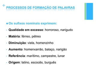 +
 Os sufixos nominais exprimem:
• Qualidade em excesso: horroroso, narigudo
• Matéria: férreo, pétreo
• Diminuição: viela, homenzinho
• Aumento: homenxarrão, balaço, narigão
• Referência: marítimo, campestre, lunar
• Origem: latino, escocês, burguês
PROCESSOS DE FORMAÇÃO DE PALAVRAS
 